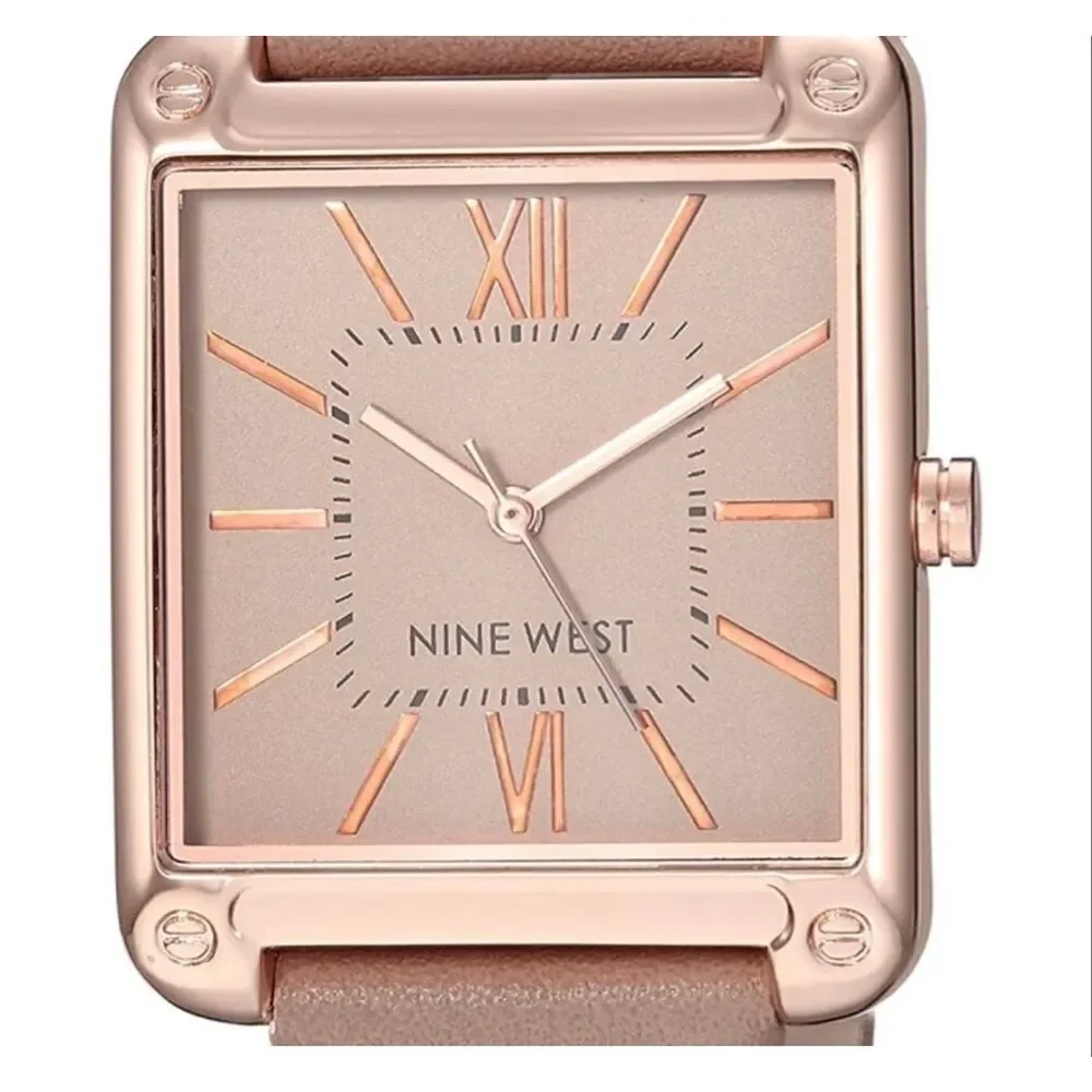 NWT nib women’s tan & gold leather square analog large dial Nine West watch